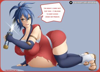 1girl absurdres blue_hair breasts cleavage covered_erect_nipples elbow_gloves female_focus fingerless_gloves full_body gloves highres huge_breasts looking_at_viewer manyuu_chifusa manyuu_hikenchou medium_hair nerdroid ponytail pregnant sandals simple_background solo speech_bubble sword thighhighs toes weapon