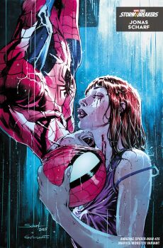 1boy 1girl 2025 alternate_universe artist_name bite_mark bite_mark_on_neck blood blood_from_neck bodysuit bra bra_strap comic_cover copyright_logo copyright_name couple english_text fangs hetero highres imminent_bite jonas_scharf logo makeup marvel mary_jane_watson mask_lift official_art open_mouth parted_lips peter_parker purple_bra purple_tank_top rain red_bodysuit red_hair runny_makeup signature spider-man spider-man_(series) spider_web_print superhero_costume tank_top third-party_source underwear upper_body upside-down vampire western_comics_(style) wet wet_clothes wet_hair