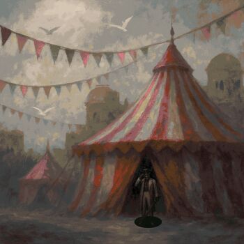 1boy absurdres arlecchino_the_blood_artist circus coat commentary english_commentary grey_coat grey_pants gwyndolindo hat highres holding holding_weapon lies_of_p male_focus microsoft_paint_(medium) outdoors pants scenery simple_bird smile solo streamers tent top_hat weapon