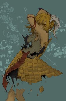Rule 34 | 1girl, absurdres, alien (psr992), armor, bare shoulders, blonde hair, breaking, cracked skin, double bun, dress, hair bun, hair ribbon, headscarf, highres, hollow body, joutouguu mayumi, ribbon, short hair, solo, touhou, vambraces, yellow armor, yellow dress, yellow eyes