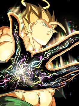 1boy aura black_background black_vest blonde_hair copyright_request cropped_vest dragon_ball dragonball_z from_below gogeta green_eyes halo highres kazumax76 male_focus medium_hair metamoran_vest muscular muscular_male no_shirt simple_background solo spiked_hair super_saiyan super_saiyan_1 upper_body vest yellow_halo