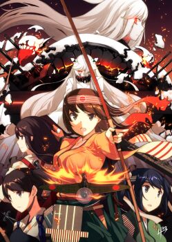 6+girls abyssal_ship aircraft aircraft_carrier_princess airplane akagi_(kancolle) blue_hair bow_(weapon) breasts brown_hair colored_skin commentary_request covered_mouth embers enemy_aircraft_(kancolle) gloves green_kimono hair_between_eyes hair_over_one_eye hakama headband highres hiryuu_(kancolle) holding holding_bow_(weapon) holding_weapon horns japanese_clothes kaga_(kancolle) kantai_collection kimono midway_princess multiple_girls muneate open_mouth orange_kimono partially_fingerless_gloves partly_fingerless_gloves red_eyes sahuyaiya side_ponytail souryuu_(kancolle) tasuki torn_clothes torn_headband weapon white_skin yugake