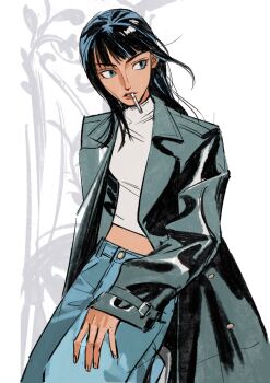 1girl black_coat black_hair blue_eyes blunt_bangs cigarette coat cowboy_shot crop_top denim floating_hair highres jeans long_hair looking_to_the_side midriff nico_robin one_piece ovrtmoon67 pants shirt solo turtleneck white_shirt