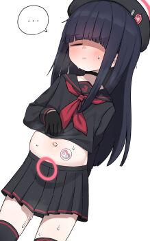1girl beret black_choker black_hair black_hat black_sailor_collar black_serafuku black_skirt black_thighhighs blue_archive choker closed_eyes cowboy_shot halo hat highres justice_task_force_member_(blue_archive) lakilolom loli long_hair long_sleeves navel neckerchief pleated_skirt pregnancy_halo pregnant red_halo red_neckerchief sailor_collar school_uniform serafuku simple_background skirt solo thighhighs white_background