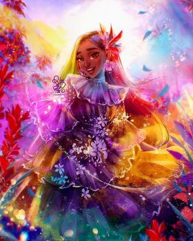 1girl brown_eyes brown_hair commentary dark-skinned_female dark_skin dress earrings encanto english_commentary feather_hair_ornament feathers flower hair_flower hair_ornament highres isabela_madrigal jewelry long_hair mole mole_under_eye purple_dress roytheart smile solo