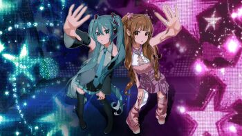 2girls aqua_eyes aqua_hair arm_up black_boots black_skirt black_sleeves blue_necktie boots brown_eyes brown_hair choi_ye-na collared_shirt commentary detached_sleeves english_commentary grey_shirt hair_ornament hatsune_miku highres leg_warmers long_hair long_sleeves multiple_girls necktie official_art open_mouth pink_leg_warmers pink_skirt real_life shirt skirt sleeveless sleeveless_shirt star_(symbol) star_hair_ornament syno_(designbysyno) thigh_boots twintails two_side_up very_long_hair vocaloid