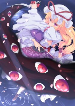 Rule 34 | 1girl, arm up, black socks, blonde hair, blush, boots, bow, breasts, brown boots, commentary request, dress, dutch angle, falling petals, flame print, folding fan, frilled dress, frills, full body, gap (touhou), hair between eyes, hair bow, hand fan, hari tokei, hat, hat ribbon, highres, holding, holding fan, large breasts, leg up, long hair, long sleeves, mob cap, parted lips, petals, pink petals, purple eyes, purple tabard, purple theme, red bow, red ribbon, ribbon, socks, solo, standing, standing on one leg, tabard, touhou, water, white dress, white hat, white petals, wide sleeves, yakumo yukari, yin yang, yin yang print