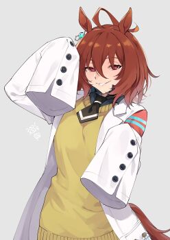 1girl agnes_tachyon_(tach-nology)_(umamusume) agnes_tachyon_(umamusume) ahoge animal_ears brown_hair coat dated grey_background grin hair_between_eyes highres horse_ears horse_girl horse_tail lab_coat long_sleeves looking_at_viewer nakagomiyuki415 open_clothes open_coat red_eyes simple_background sleeves_past_fingers sleeves_past_wrists smile solo sweater_vest tail umamusume white_coat yellow_sweater_vest