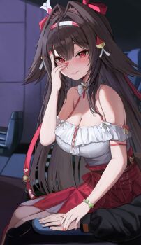 1boy 1girl animal_ear_fluff animal_ears bare_shoulders blush bracelet breasts brown_hair cleavage closed_mouth collar collarbone commentary cross-laced_clothes cross-laced_top droopy_ears english_commentary frilled_collar frilled_shirt frilled_shirt_collar frills hairband hand_on_another's_hand high-waist_skirt highres jewelry large_breasts long_hair looking_at_viewer multicolored_hairband off-shoulder_shirt off_shoulder official_alternate_costume personality2407 red_eyes red_hairband red_nails red_skirt shirt sitting skirt very_long_hair white_hairband wise_(zenless_zone_zero) ye_shunguang ye_shunguang_(touch_of_dawnlight) zenless_zone_zero