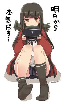 1girl anchor_symbol black_socks blue_neckerchief blue_skirt blunt_bangs brown_eyes brown_hair commentary_request full_body green_scarf green_skirt handheld_game_console hatsuyuki_(kancolle) highres holding holding_handheld_game_console jacket kantai_collection kneehighs knees long_hair motohara_moka neckerchief nintendo_ds open_clothes open_jacket pleated_skirt red_jacket scarf shadow shirt sidelocks simple_background single_loose_sock sitting skirt socks solo translation_request white_background white_shirt winter_clothes