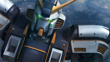 3d atlas_gundam cloud commentary_request earth_federation_space_forces english_text glowing glowing_eyes green_eyes gundam gundam_thunderbolt highres looking_at_viewer machinery mecha mecha_focus mobile_suit no_humans realistic robot roundel s.hasegawa science_fiction signature upper_body v-fin