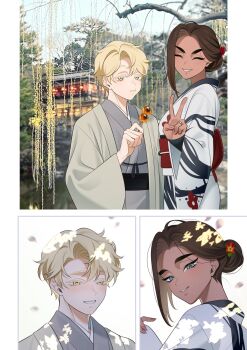 Rule 34 | 1boy, 1girl, alien stage, alt text, alternate costume, alternate hairstyle, blonde hair, breasts, closed eyes, commentary request, dango, dark-skinned female, dark skin, food, grey eyes, grey kimono, highres, holding, holding food, hyuna (alien stage), japanese clothes, jewelry, kimono, looking at another, looking at viewer, luka (alien stage), mitarashi dango, ninoude (yt7lkhimeo6t7lv), outdoors, petals, photo background, ring, simple background, smile, v, wagashi, white background, white kimono, yellow eyes