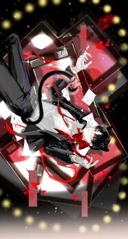 1boy absurdres animal_ears black_hair black_jacket blood blood_splatter cat_ears character_request curtained_hair feet_out_of_frame gloves gwechul heart highres holding holding_ribbon jacket lantercat looking_at_viewer male_focus neck_ribbon open_clothes open_jacket photo_(object) rabbit red_ribbon ribbon shirt short_hair sideways smile solo stage_lights tail upper_body white_gloves white_shirt