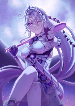 Rule 34 | 1girl, ;o, absurdres, ahoge, baseball bat, blue eyes, breasts, commentary request, diamond-shaped pupils, diamond (shape), dress, finger gun, full moon, highres, holding, holding baseball bat, honkai (series), honkai impact 3rd, kiana kaslana, kiana kaslana (herrscher of finality), long hair, medium breasts, moon, night, night sky, one eye closed, purple hands, sky, solo, symbol-shaped pupils, tiara, very long hair, white dress, ypa918