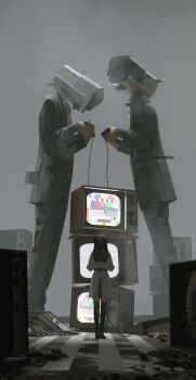 1girl 2others absurdres ambiguous_gender black_hair black_pants black_suit black_thighhighs cable camera cellphone chinese_commentary commentary crosswalk dress facing_away formal_clothes glitch highres holding holding_phone long_hair long_sleeves multiple_others object_head original pants phone radio_antenna rubble smartphone standing static suit television thighhighs tuoer white_dress