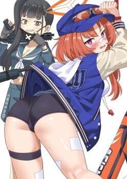 Rule 34 | 2girls, ass, bandaid, bandaid on face, bandaid on leg, bandaid on nose, baseball cap, bike shorts, black eyes, black hair, black shoes, blue archive, blue hat, blue jacket, blue sailor collar, blue serafuku, blue shirt, blue skirt, bound, bound wrists, breasts, commentary request, commission, cropped shirt, delinquent, eyewear on headwear, fang, gun, halo, hat, highres, holding, holding gun, holding weapon, hood, hood down, hooded jacket, jacket, long hair, long sleeves, mask, mask pull, medium breasts, midriff, mouth mask, multiple girls, navel, neckerchief, open clothes, open jacket, open mouth, orange halo, pink eyes, puffy long sleeves, puffy sleeves, red-tinted eyewear, red hair, rei (blue archive), restrained, sailor collar, sailor shirt, school uniform, serafuku, sharp teeth, shimouki izui, shirt, shoes, short shorts, shorts, side ponytail, simple background, skeb commission, skirt, sukeban (smg) (blue archive), teeth, thigh strap, tinted eyewear, variant set, weapon, whistle, whistle around neck, white background, white neckerchief, white sleeves