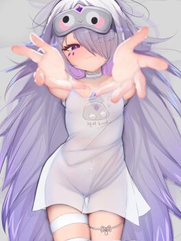 1girl :3 absurdres blurry blurry_foreground blush breasts chest_jewel choker closed_mouth collarbone cowboy_shot dress eyes_visible_through_hair face_jewel facing_viewer gem googly_eyes grey_background hair_over_one_eye half-closed_eyes highres hololive hololive_english jewel_under_eye koseki_bijou leg_ribbon loli long_hair looking_at_viewer lying mask mask_on_head messy_hair navel nightgown on_back open_hands outstretched_arms palms purple_eyes purple_gem purple_hair reaching reaching_towards_viewer ribbon see-through_clothes see-through_nightgown see-through_silhouette semnomeart simple_background sleep_mask sleepwear small_breasts smile solo spread_fingers thigh_ribbon very_long_hair virtual_youtuber white_choker white_nightgown