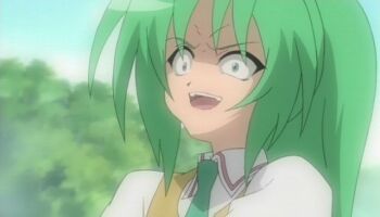 >:d 00s 1girl :d anime_screenshot evil_face evil_smile female_focus green_eyes green_hair higurashi_no_naku_koro_ni long_hair matching_hair/eyes necktie open_mouth outdoors ponytail school_uniform smile solo sonozaki_shion teeth upper_body v-shaped_eyebrows