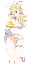 Rule 34 | 1girl, ?, absurdres, ahoge, artist name, blonde hair, blue archive, blush, breasts, censored, cheerleader, cleavage, closed mouth, clothing aside, collarbone, dot nose, feet out of frame, gloves, gluteal fold, halo, heart, heart censor, highres, holding, holding pom poms, kotori (blue archive), kotori (cheer squad) (blue archive), large breasts, lifted by self, millennium cheerleader outfit (blue archive), navel, panties, panties aside, pom pom (cheerleading), pom poms, pubic hair, pussy, red eyes, rogeridoskenzen, short twintails, simple background, skirt, solo, straight-on, translation request, triangle halo, twintails, underwear, white background, white gloves, white panties, white skirt, wing collar, yellow halo