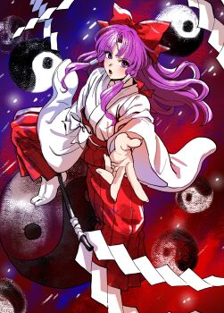 1girl :o absurdres bow full_body gohei hair_bow hair_tubes hakama hakurei_reimu hakurei_reimu_(pc-98) highres japanese_clothes kimono kuya_(hey36253625) long_hair long_sleeves looking_at_viewer miko orb pants parted_bangs purple_eyes purple_hair red_bow red_hakama red_pants sash sidelocks socks solo tabi touhou touhou_(pc-98) very_long_hair white_bow white_kimono white_sash white_socks wide_sleeves yin_yang yin_yang_orb