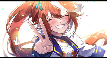 1girl absurdres blush brown_hair closed_eyes commentary_request eyelashes facing_viewer grin highres horse_girl long_hair multicolored_hair nekoma_hikaru ponytail simple_background smile solo streaked_hair tokai_teio_(umamusume) umamusume upper_body v white_background