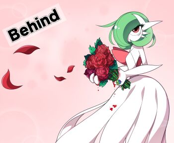 1girl backless_dress backless_outfit bags_under_eyes bleeding blood bob_cut bouquet colored_skin commentary dress dripping elbow_gloves english_commentary falling_petals female_focus flat_chest flower gardevoir gen_3_pokemon gloves green_hair hair_over_one_eye hands_up highres holding holding_bouquet jewelry long_dress looking_at_viewer mega_gardevoir mega_pokemon mega_stone nintendo one_eye_covered petals pink_background pokemon pokemon_(creature) red_eyes red_flower red_rose ring rose scratches short_hair simple_background solo standing thorns wb_(dl4239dl) wedding_ring white_dress white_gloves white_skin