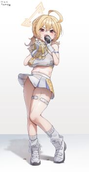 1girl ahoge bare_shoulders blonde_hair blue_archive blush braid breasts cheerleader fat_rolls full_body gloves grey_background halo highres holding holding_pom_poms kotori_(blue_archive) kotori_(cheer_squad)_(blue_archive) large_breasts looking_at_viewer midriff millennium_cheerleader_outfit_(blue_archive) muffin_top navel official_alternate_costume open_mouth plump pom_pom_(cheerleading) pom_poms red_eyes short_twintails simple_background skirt smile solo standing stomach sweat thighs ticker_(kks2ksy) triangle_halo twintails