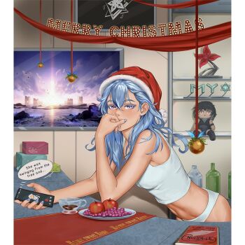 1girl alternate_costume apple bare_shoulders blue_hair blue_nails bottle breasts cellphone character_doll commentary crop_top cup doll english_commentary food fruit grapes hair_between_eyes hat highres holding holding_phone indoors iricity long_hair looking_at_viewer medium_breasts merry_christmas nail_polish no_pants official_art_inset panties phone purple_eyes santa_hat shirt shorekeeper_(wuthering_waves) smartphone solo underwear white_panties white_shirt wuthering_waves