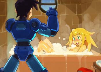 1boy 1girl android bad_id bad_twitter_id bath bathroom bathtub black_hair blonde_hair blush brown_hair bubble_bath clenched_hand clothed_male_nude_female green_eyes indoors joints looking_at_another mega_man_(series) mega_man_legends_(series) mega_man_legends_3 mega_man_volnutt nipples nude optionaltypo reclining robot_joints roll_caskett_(mega_man) walk-in
