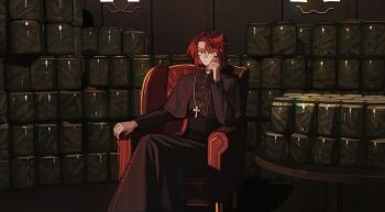 1other capelet cassock chair clerical_collar commentary cross_pendant crossed_legs elbow_rest english_commentary feet_out_of_frame hand_on_own_face head_rest highres jar looking_at_viewer lounge_chair ma_someru original short_hair sitting solo table wall_lamp