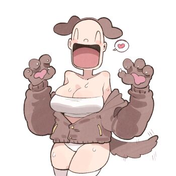 1girl animal_ears animal_hands breasts closed_eyes cocomayo29_(tomato) collarbone commentary dog_ears dog_tail fake_animal_ears gloves heart hololive large_breasts listener_(inugami_korone) open_mouth panties paw_gloves simple_background speech_bubble sweat tail thick_thighs thighs underwear virtual_youtuber white_panties