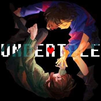 2others anniversary black_background brown_hair chara_(undertale) closed_eyes colored_skin english_text frisk_(undertale) heart highres moyi7239 multiple_others outstretched_arm red_eyes rotational_symmetry short_hair shorts striped_clothes text_background undertale utdr_(toby_fox) yellow_skin