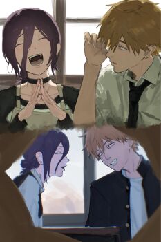 1boy 1girl apron black_choker black_necktie chainsaw_man choker collared_shirt denji_(chainsaw_man) hair_bun highres kohaa_ku laughing necktie reze_(chainsaw_man) shirt shirt_tucked_in single_hair_bun smile