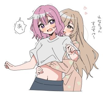 Rule 34 | 2girls, :d, amaori renako, blush, brown eyes, brown hair, commentary request, cropped legs, dot nose, double-parted bangs, dress, hair between eyes, haru (konomi 150), heart, highres, long hair, long sleeves, multiple girls, navel, open mouth, pink dress, purple eyes, purple hair, sena ajisai, shirt, short hair, short sleeves, simple background, smile, speech bubble, translation request, trembling, watashi ga koibito ni nareru wake naijan murimuri!, white background, white shirt, yuri