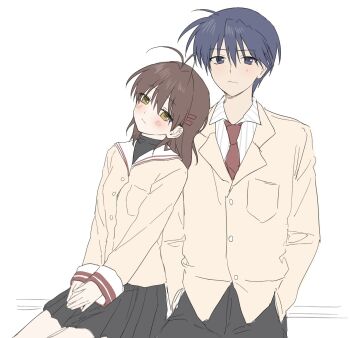 Rule 34 | 1boy, 1girl, antenna hair, black skirt, blazer, blonde hair, blue eyes, blue hair, blush, brown eyes, brown hair, clannad, closed mouth, commentary, couple, cowboy shot, frown, furukawa nagisa, hair behind ear, hair between eyes, hair ornament, hairclip, hand on another's shoulder, hands in pockets, hashtag-only commentary, hetero, highres, hikarizaka private high school uniform, jacket, light blush, long sleeves, looking at viewer, medium hair, miniskirt, necktie, okazaki tomoya, pleated skirt, red necktie, saang2cm, sailor collar, school uniform, serafuku, short hair, shy, side-by-side, simple background, sitting, sketch, skirt, spiked hair, v arms, white background, white sailor collar, yellow jacket