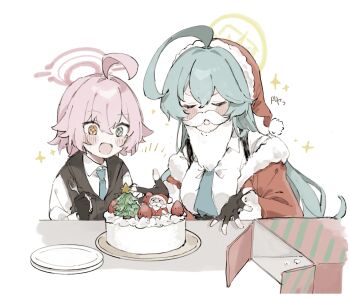 +_+ 2girls ahoge alternate_costume aqua_hair black_flower black_vest blue_archive blue_eyes blush box breasts cake christmas closed_eyes coat collared_shirt commentary_request fake_facial_hair fake_mustache fingerless_gloves flat_chest flower food fork gloves halo hat heterochromia highres holding holding_fork hoshino_(blue_archive) hoshino_(first_year)_(blue_archive) long_hair long_sleeves medium_breasts multiple_girls necktie notice_lines open_clothes open_coat open_mouth oshio_(baniniwana) pink_hair plate red_coat santa_costume santa_hat shirt short_hair smile sparkle table vest white_background white_shirt yellow_eyes yume_(blue_archive)