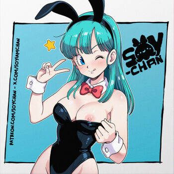 1girl :p animal_ear_hairband animal_ears aqua_hair artist_logo black_leotard blue_background blue_eyes border bow bowtie breasts bulma commentary_request detached_collar dragon_ball dragon_ball_(classic) fake_animal_ears hairband leotard leotard_pull logo long_hair medium_breasts nipples one_eye_closed playboy_bunny rabbit_ear_hairband rabbit_ears red_bow red_bowtie solo soy-chan star_(symbol) strapless strapless_leotard tongue tongue_out v wrist_cuffs