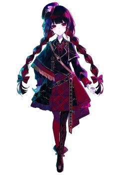 1girl absurdres asymmetrical_legwear black_capelet black_hair black_hat black_jacket black_pantyhose black_shoes blunt_bangs bow braid capelet closed_mouth colored_skin earrings empty_eyes flower full_body hair_bow hair_flower hair_ornament haishin_shoujo_no_uraaka_meikyuu hand_on_own_hip hat highres jacket jewelry layered_skirt long_hair long_sleeves looking_at_viewer mahou_shoujo_no_majo_saiban mini_hat mismatched_legwear nikaido_hiro official_art pantyhose peaked_cap red_bow red_eyes red_pantyhose red_skirt second-party_source shoes simple_background skirt solo standing tachi-e twin_braids umemaro_(siona0908) very_long_hair white_skin