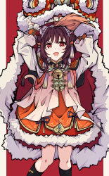 Rule 34 | 1girl, absurdres, animal costume, animal ears, bell, black capelet, black socks, brown hair, capelet, cat ears, cat girl, cat tail, commentary request, dragon costume, dress, fang, feet out of frame, fur-trimmed dress, fur trim, gold trim, highres, ichihime, jingle bell, kakuzatou (cubesugar03196), layered dress, long sleeves, looking at viewer, mahjong soul, medium bangs, medium hair, neck bell, open mouth, orange dress, red background, red dress, red eyes, seigaiha, shirt, smile, socks, solo, tail, two-tone background, white shirt