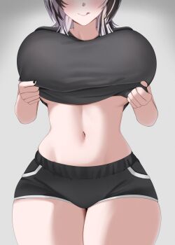 1girl alternate_costume black_hair black_nails black_shirt black_shorts blush breasts clothes_lift commentary dolphin_shorts eyes_out_of_frame grey_hair hashtag-only_commentary head_out_of_frame highres hololive hololive_english large_breasts licking_lips loungewear medium_hair multicolored_hair navel shiori_novella shirt shirt_lift short_shorts short_sleeves shorts simple_background solo split-color_hair stomach streaked_hair t-shirt thick_thighs thighs tongue tongue_out virtual_youtuber yobi_(ybpac18)
