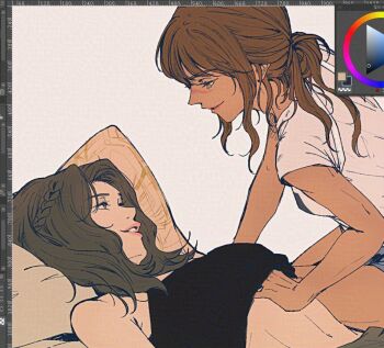 2girls arm_tattoo art_program_in_frame black_hair black_shirt brown_hair clair_obscur:_expedition_33 clothes_lift commentary_request dark-skinned_female dark_skin hoj_duck korean_commentary looking_at_another lune_(clair_obscur:_expedition_33) multiple_girls parted_lips pink_background scar scar_on_face scar_on_nose sciel_(clair_obscur:_expedition_33) shirt shirt_lift simple_background smile tattoo white_shirt yuri