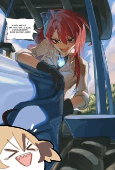 &gt;_&lt; 2girls absurdres black_gloves blonde_hair blue_fire brown_hair elizabeth_rose_bloodflame english_text fire fire_on_chest gigi_murin gloves hair_between_eyes highres hololive hololive_english insfidelie long_hair motor_vehicle multicolored_hair multiple_girls open_mouth red_eyes red_hair shirt speech_bubble tractor two-tone_hair virtual_youtuber white_shirt