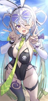 1girl absurdres animal_ears armband bare_shoulders beach black_one-piece_swimsuit black_trim blue_sky breasts cleavage commentary_request detached_collar detached_sleeves double_v eyewear_on_head fake_animal_ears fate/grand_order fate_(series) frilled_armband frills gradient_hair green_hair green_necktie grey_hair hair_between_eyes hair_ornament hair_rings hairclip highleg highleg_one-piece_swimsuit highres huyan_zhuo_(fate) huyan_zhuo_(swimsuit_berserker)_(fate) large_breasts long_hair looking_at_viewer low_twintails multicolored_hair navel necktie novelty_glasses ocean one-piece_swimsuit one_eye_closed open_mouth plunging_neckline purple_eyes rabbit_ears shore sky smile solo sunglasses swimsuit thigh_strap thighs toukan twintails v very_long_hair