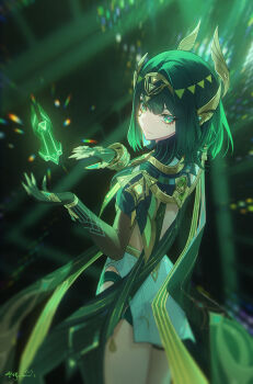 1girl absurdres black_gloves breasts claw_ring claws closed_mouth dress elbow_gloves eye_tattoo facial_mark fake_claws gem genshin_impact gloves green_eyes green_gemstone green_hair hair_ornament headpiece highres jewelry large_breasts long_hair looking_at_viewer mark_under_eye mole mole_under_eye multiple_girls nefer_(genshin_impact) short_hair smile solo symbol-shaped_pupils tattoo thighs yukiri_(l_ii)