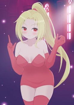 Rule 34 | 1girl, bare shoulders, blonde hair, breasts, cleavage, closed mouth, collarbone, commentary request, commission, dress, elbow gloves, gloves, highres, large breasts, long hair, looking at viewer, medium breasts, mikoko1, ponytail, red dress, red eyes, red gloves, red thighhighs, shynesslady, skeb commission, smile, solo, star ocean, star ocean: the second story, strapless, thighhighs, very long hair