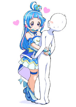 1girl 1other ahoge aokaze_nana bare_shoulders blue_dress blue_gemstone blue_hair blue_ribbon blue_shoes blue_sleeves blush coattails colored_skin copyright_request cure_wink detached_collar detached_sleeves dot_nose dress faceless frilled_dress frills full_body gem hair_ribbon headset high_heels highres hug idol idol_clothes kimi_to_idol_precure legs_together light_blush long_hair looking_at_another magical_girl multicolored_hair open_mouth plaid_clothes plaid_dress plaid_sleeves precure purple_eyes purple_hair ribbon shoes short_sleeves skindentation sleeveless sleeveless_dress smile standing straight_hair strapless strapless_dress sweat thigh_strap tiptoes two-tone_hair white_skin yakizakana_(yakizakana10967)