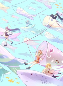 5girls aqua_background asymmetrical_legwear black_cape black_dress black_shoes blonde_hair blue_eyes blue_hoodie brown_coat cape chef_hat coat dress elbow_gloves fins fish_tail gawr_gura geta gloves halo hat highres hololive hololive_english holomyth hood hoodie koinobori long_hair monocle mori_calliope multiple_girls navel necktie ninomae_ina'nis orange_hair orange_hat orange_shirt orange_shorts orange_skirt paw_chie pink_eyes pink_hair platform_clogs purple_hair shark shark_girl shark_tail shirt shoes shorts single_thighhigh skirt sleeveless sleeveless_dress tail takanashi_kiara tentacle_hair thighhighs veil virtual_youtuber watson_amelia white_gloves white_hair white_shirt white_thighhighs windsock