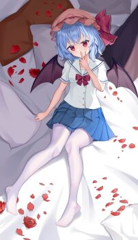 >:) 1girl absurdres alternate_costume bat_wings blue_hair blue_skirt blush bow bowtie buttons chinese_commentary closed_mouth commentary feet flower full_body hair_between_eyes hand_up hat hat_bow highres indoors listjoy looking_at_viewer medium_hair miniskirt mob_cap no_shoes on_bed pantyhose petals pillow pink_hat pleated_skirt red_bow red_bowtie red_eyes red_flower red_rose remilia_scarlet rose rose_petals sailor_collar school_uniform serafuku shirt short_sleeves sidelighting sitting skirt smile solo toes touhou v v-shaped_eyebrows v_over_mouth white_pantyhose white_sailor_collar white_shirt wings