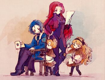 2boys 2girls armband ascot black_bodysuit black_footwear black_pants black_pantyhose blonde_hair blue_ascot blue_coat blue_eyes blue_hair bodysuit boots bow bowtie braid brooch brother_and_sister brown_background brown_bow brown_bowtie brown_capelet brown_eyes brown_footwear brown_skirt buttons capelet chair chesed_(project_moon) child coat coffee coffee_pot collared_jacket commentary_request crossdressing crossdressing_(mtf) crown_braid cup dress_pants dress_shoes footwear_bow forehead frilled_sleeves frills full_body gebura_(project_moon) green_eyes grey_armband grey_vest hand_on_own_hip hand_up happy high_collar highres holding holding_cup holding_paper holding_tray jacket jewelry layered_sleeves leather leather_jacket lobotomy_corporation logo long_hair long_sleeves looking_at_another miniskirt mug multiple_boys multiple_girls on_chair open_clothes open_coat open_jacket pale_skin pants pantyhose paper paper_stack parted_bangs pleated_skirt project_moon puffy_long_sleeves puffy_sleeves red_hair red_jacket scar scar_across_eye scar_on_face shirt short_hair siblings signature sitting skirt striped_bow striped_bowtie striped_clothes temari_momiji tiphereth_a_(project_moon) tiphereth_b_(project_moon) traditional_bowtie tray twins very_long_hair vest white_shirt zipper