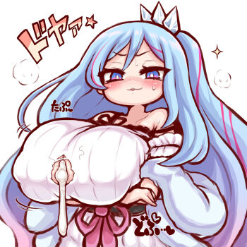 1girl alexi_(tits!) blue_eyes blue_hair breasts cleavage_cutout clothing_cutout cum cum_on_body cum_on_breasts cum_on_upper_body cumdrip cutout highres huge_breasts long_hair looking_at_viewer oppai_loli rilliona_(yu-gi-oh!) smug solo torn_clothes translation_request very_long_hair witchcrafter_madame_verre yu-gi-oh!